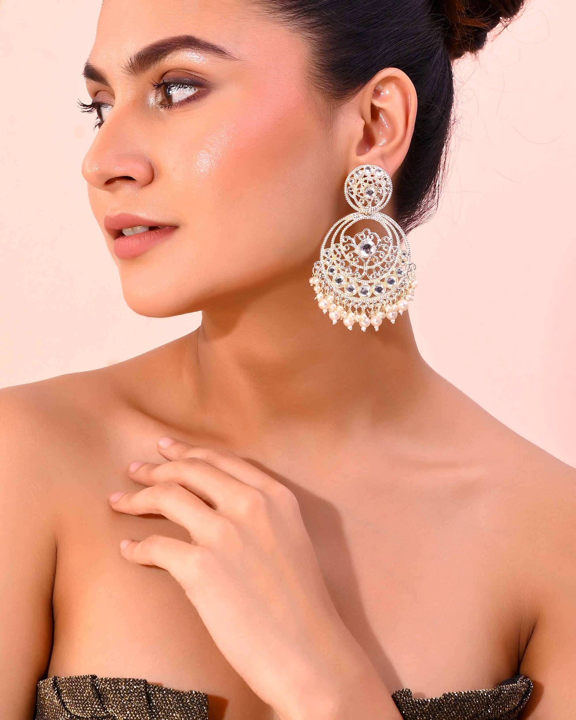 VOJ Gold-Polished Kundan Contemporary Circular Chandbaali Earrings | Grab2Buy