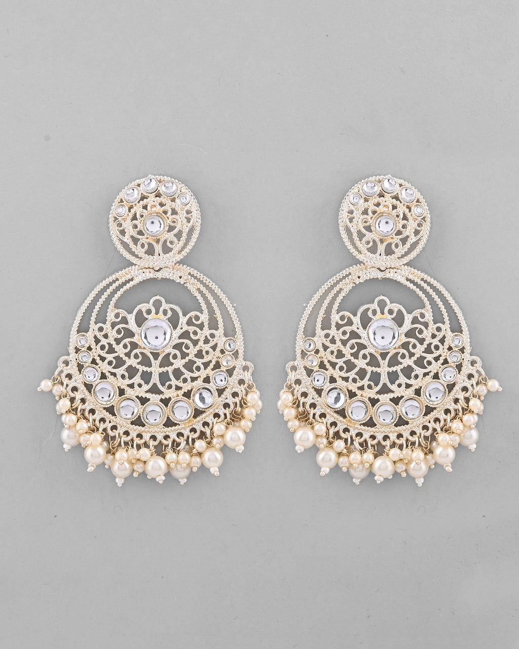 VOJ Gold-Polished Kundan Contemporary Circular Chandbaali Earrings | Grab2Buy