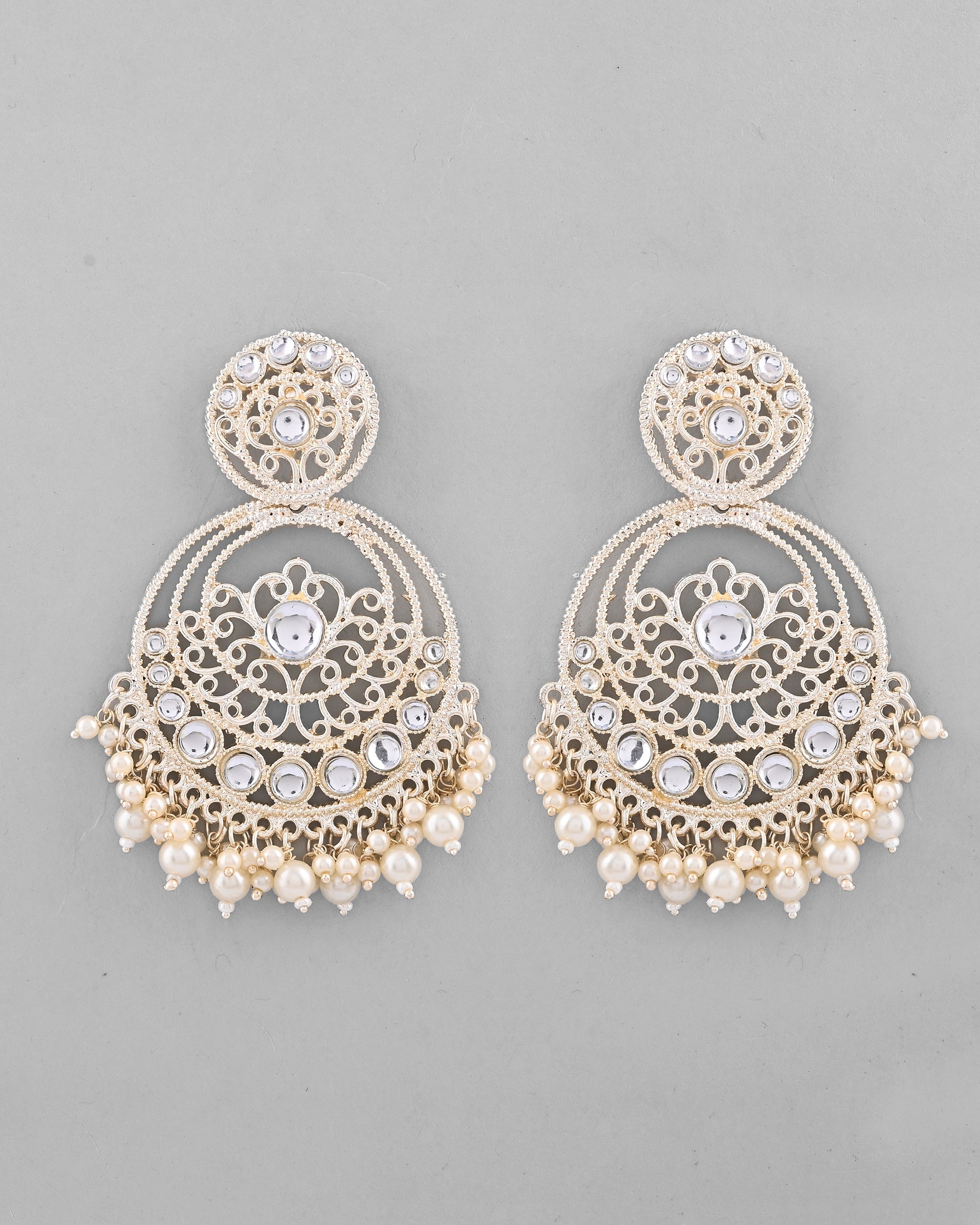 VOJ Gold-Polished Kundan Contemporary Circular Chandbaali Earrings | Grab2Buy