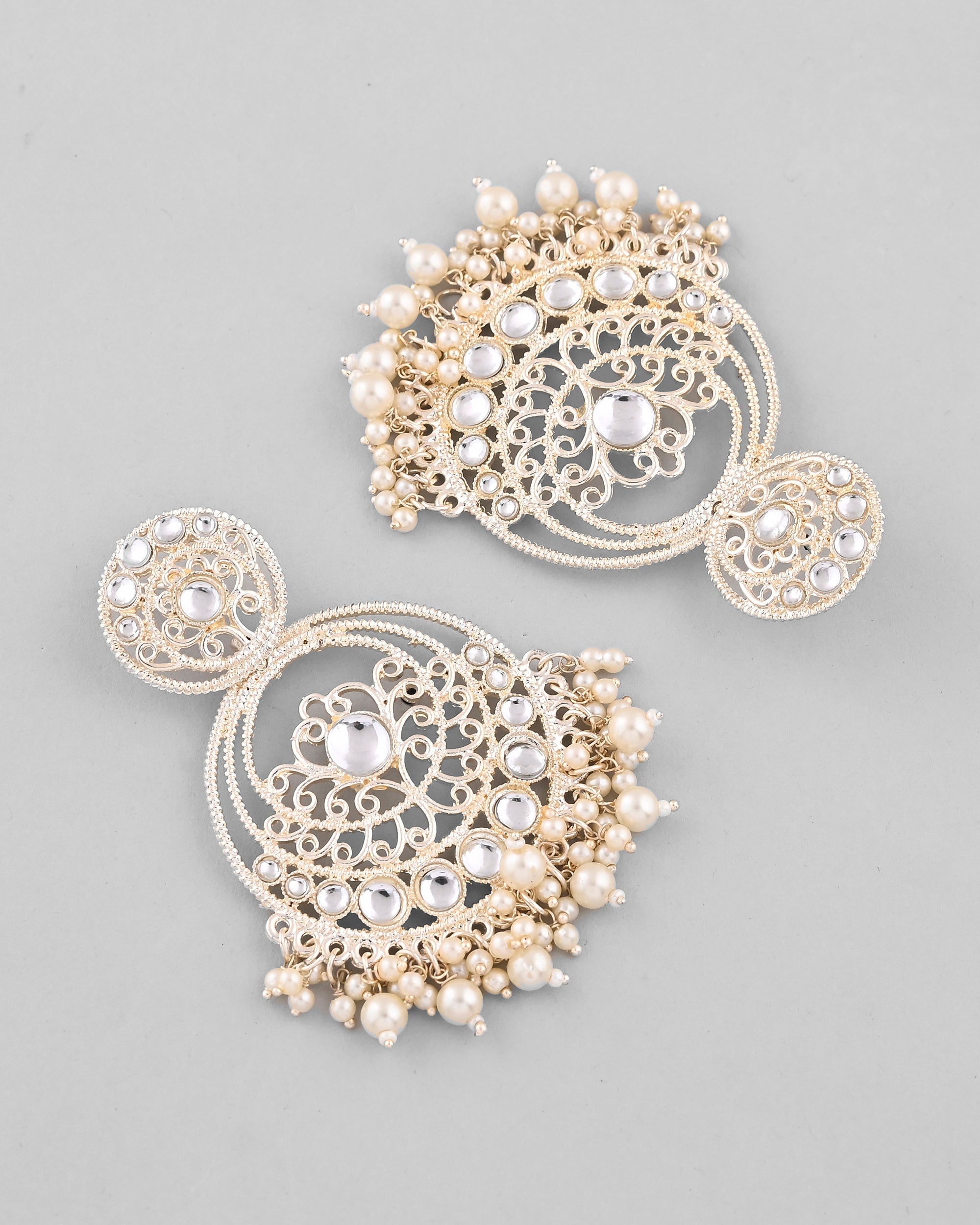 VOJ Gold-Polished Kundan Contemporary Circular Chandbaali Earrings | Grab2Buy
