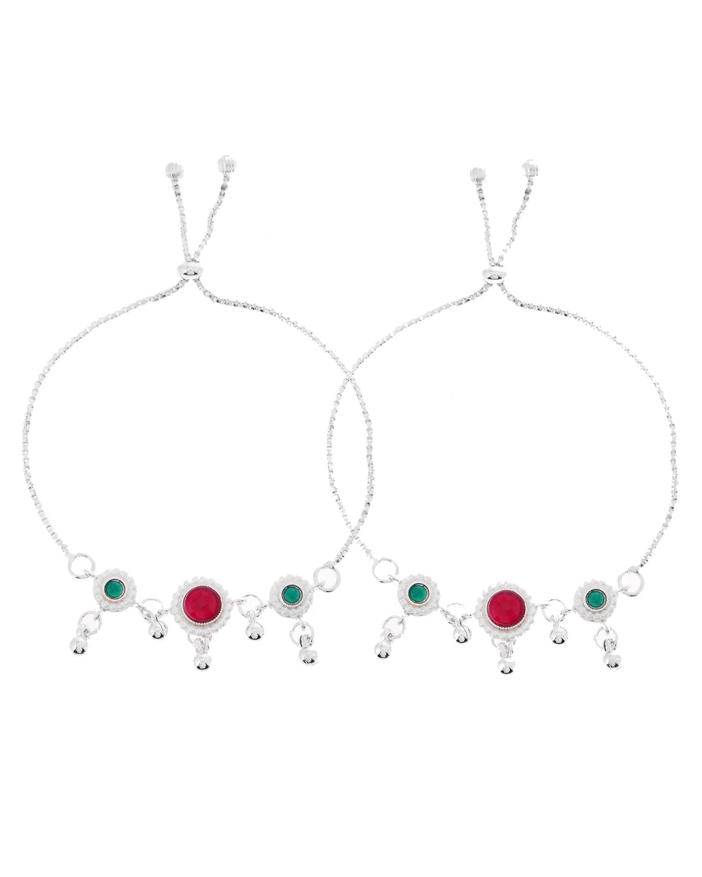 VOJ Set of 2 Silver-Plated Artificial Stones And Beads Anklet
