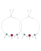 VOJ Set of 2 Silver-Plated Artificial Stones And Beads Anklet