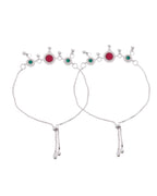 VOJ Set of 2 Silver-Plated Artificial Stones And Beads Anklet