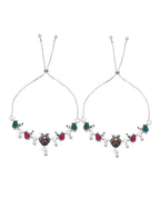 VOJ Set of 2 Silver-Plated Peacock Shaped Stone Studded Anklets