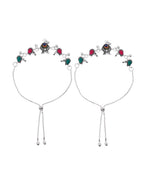 VOJ Set of 2 Silver-Plated Peacock Shaped Stone Studded Anklets
