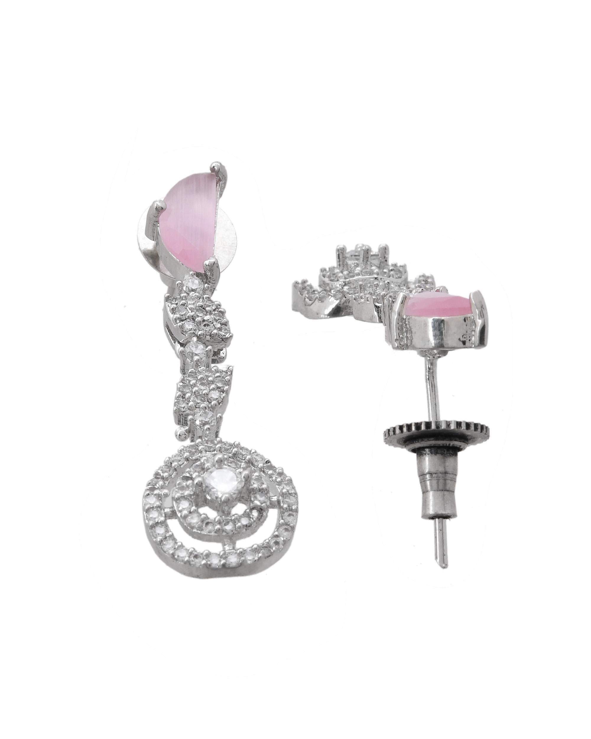 VOJ Silver Plated Pink And Ad Stone Studded Drop Earrings | Grab2Buy