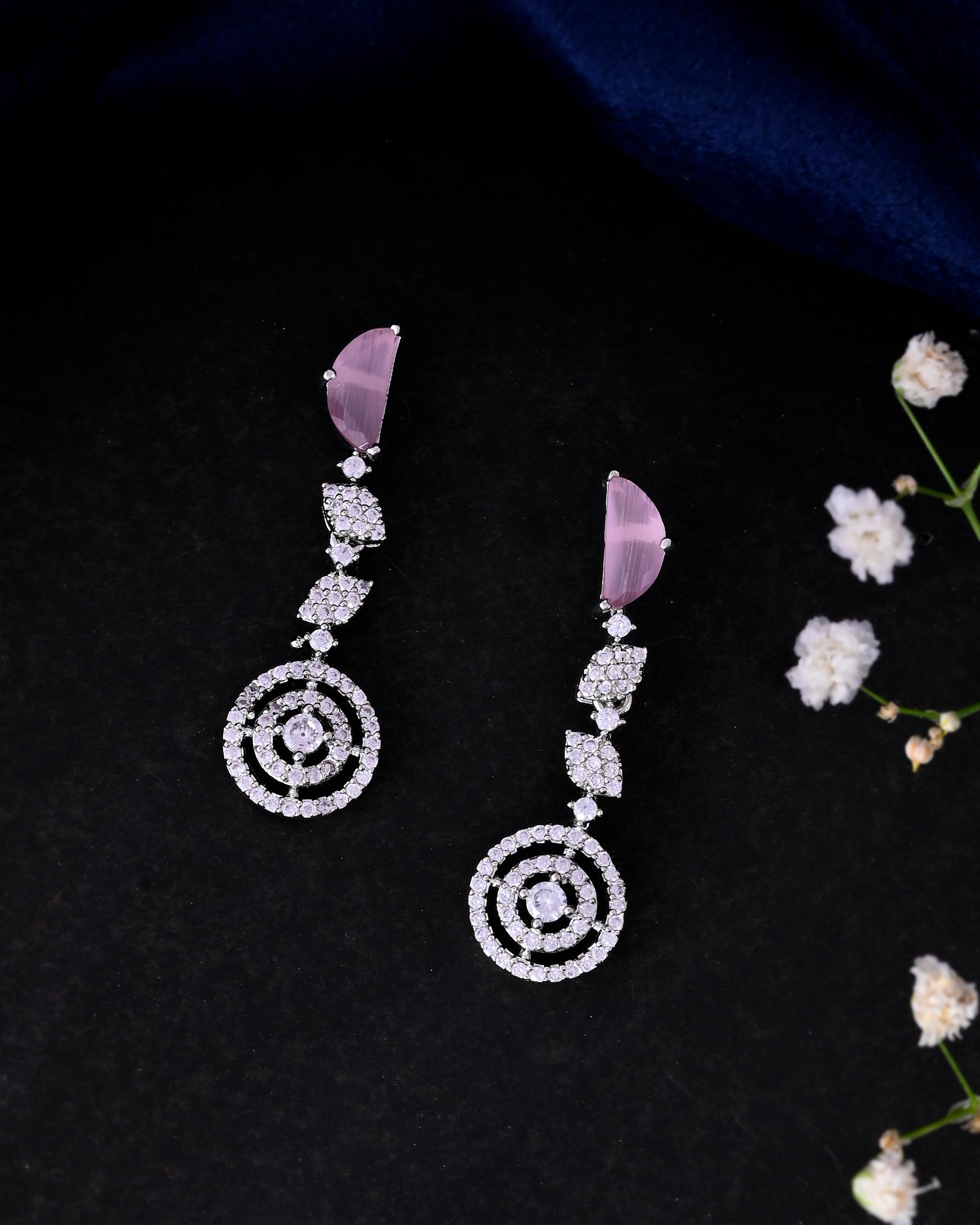 VOJ Silver Plated Pink And Ad Stone Studded Drop Earrings | Grab2Buy