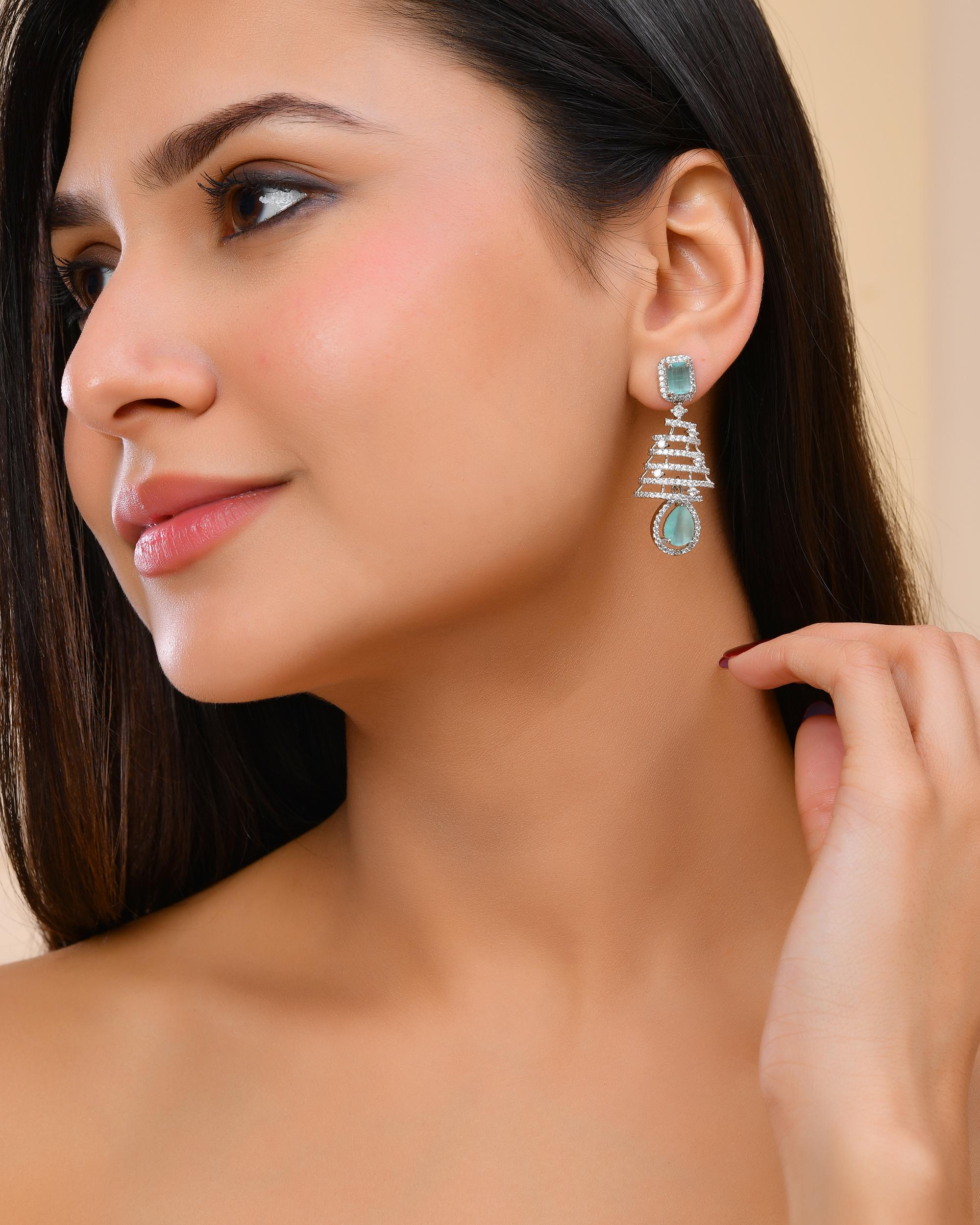 VOJ Silver Plated Mint Green Ad Stone Studded Dome Shaped Earrings | Grab2Buy