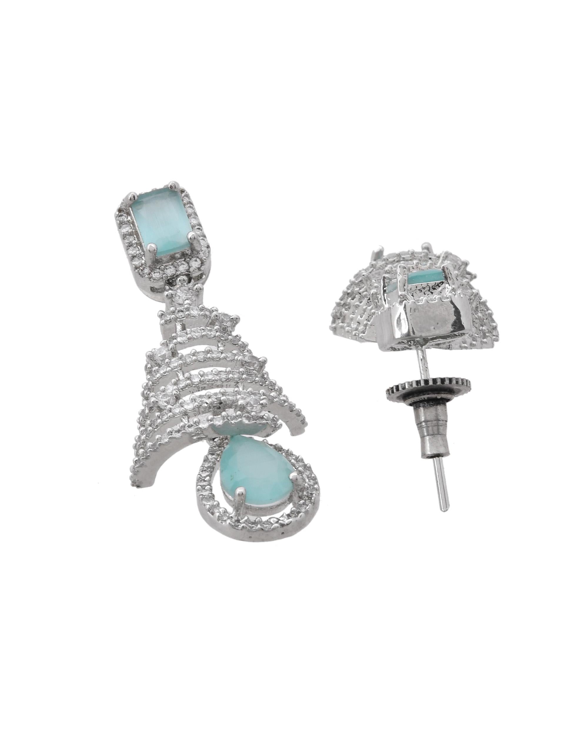 VOJ Silver Plated Mint Green Ad Stone Studded Dome Shaped Earrings | Grab2Buy