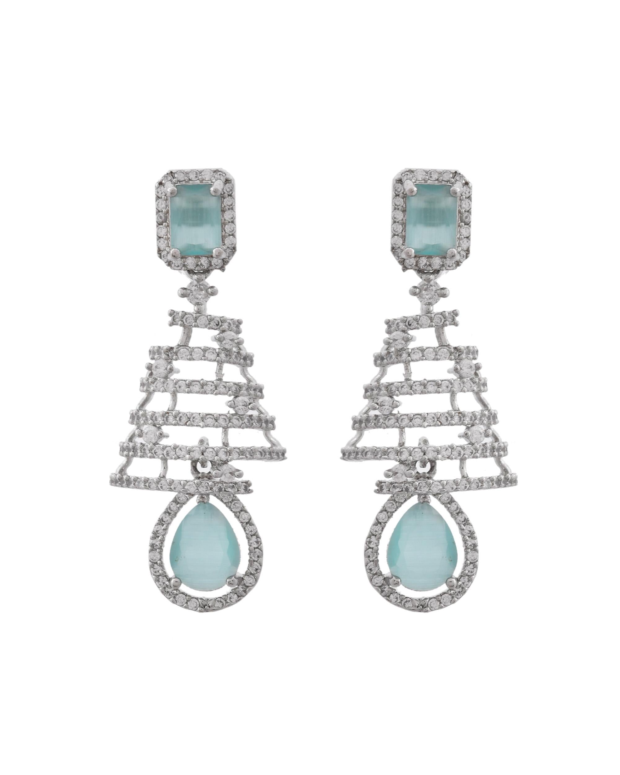 VOJ Silver Plated Mint Green Ad Stone Studded Dome Shaped Earrings | Grab2Buy