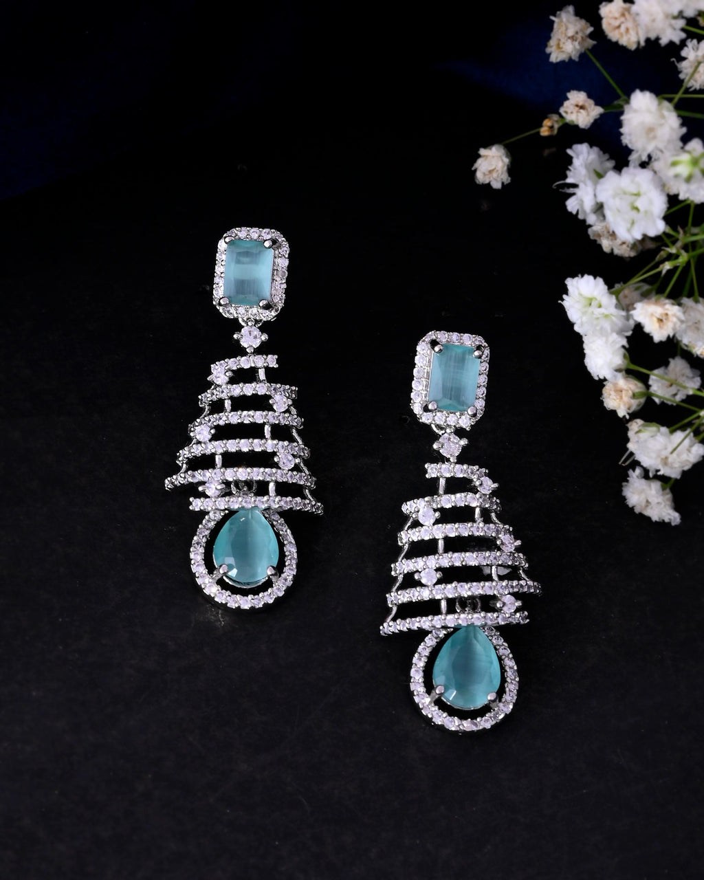 VOJ Silver Plated Mint Green Ad Stone Studded Dome Shaped Earrings | Grab2Buy