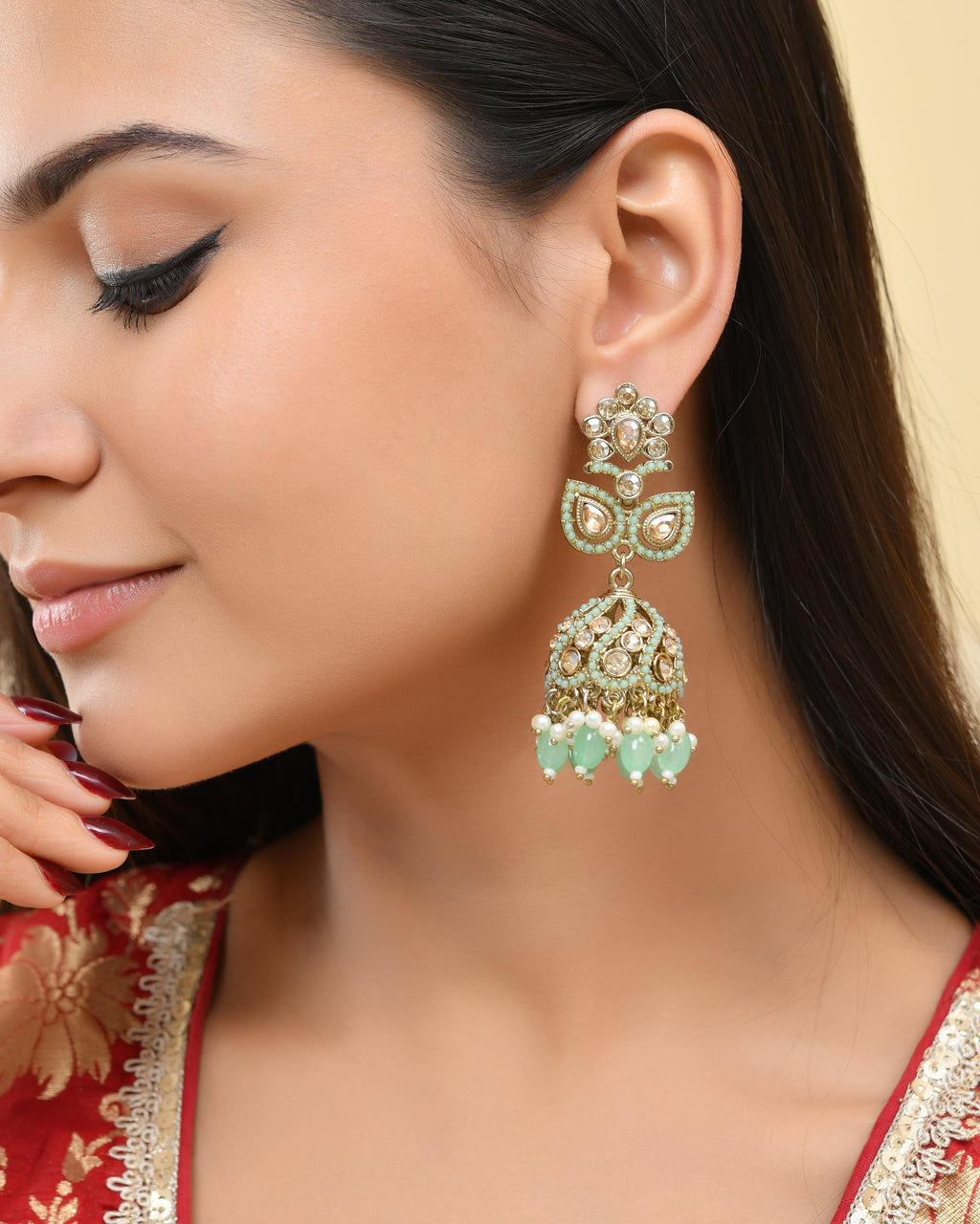 VOJ Mint Green Stone Studded Gold-Polished Jhumkas | Grab2Buy