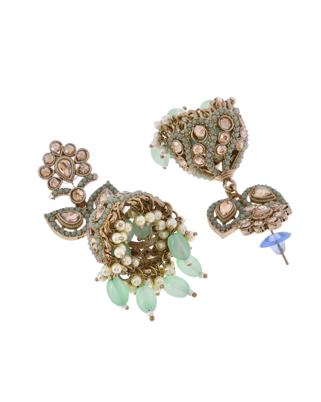 VOJ Mint Green Stone Studded Gold-Polished Jhumkas | Grab2Buy
