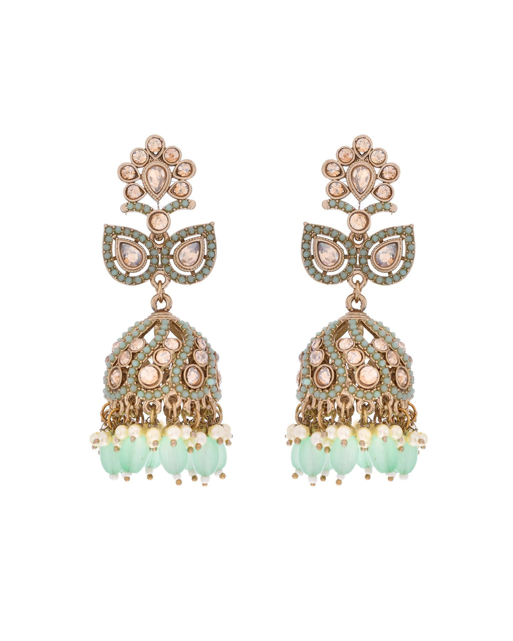 VOJ Mint Green Stone Studded Gold-Polished Jhumkas | Grab2Buy