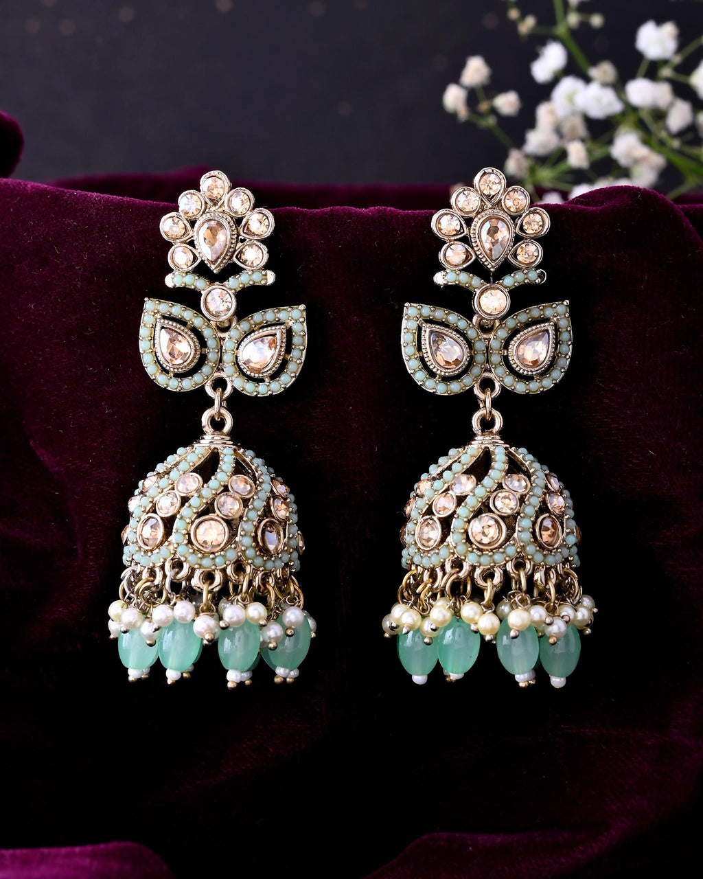 VOJ Mint Green Stone Studded Gold-Polished Jhumkas | Grab2Buy
