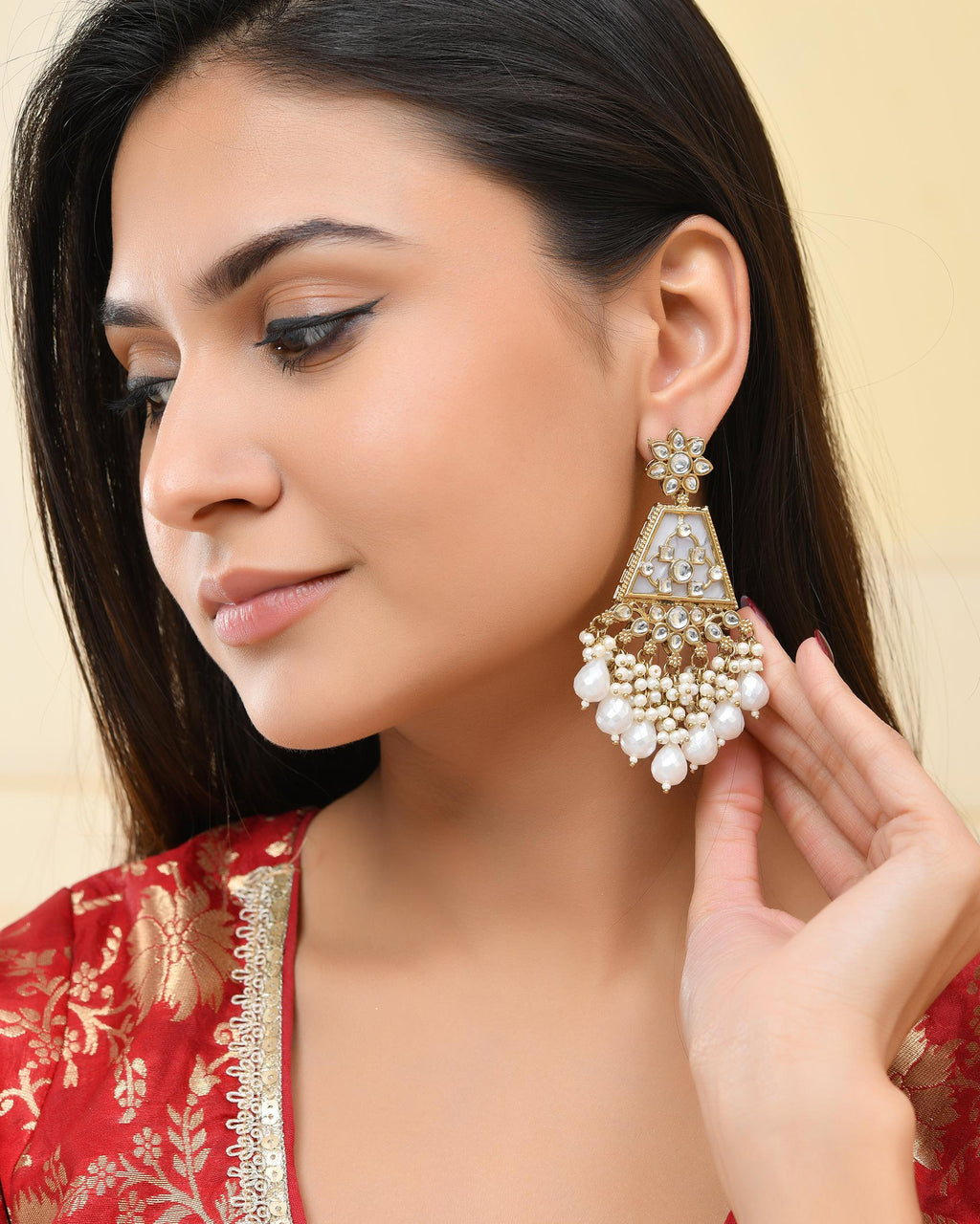 VOJ Gold-Polished Kundan Studded Contemporary Earrings | Grab2Buy