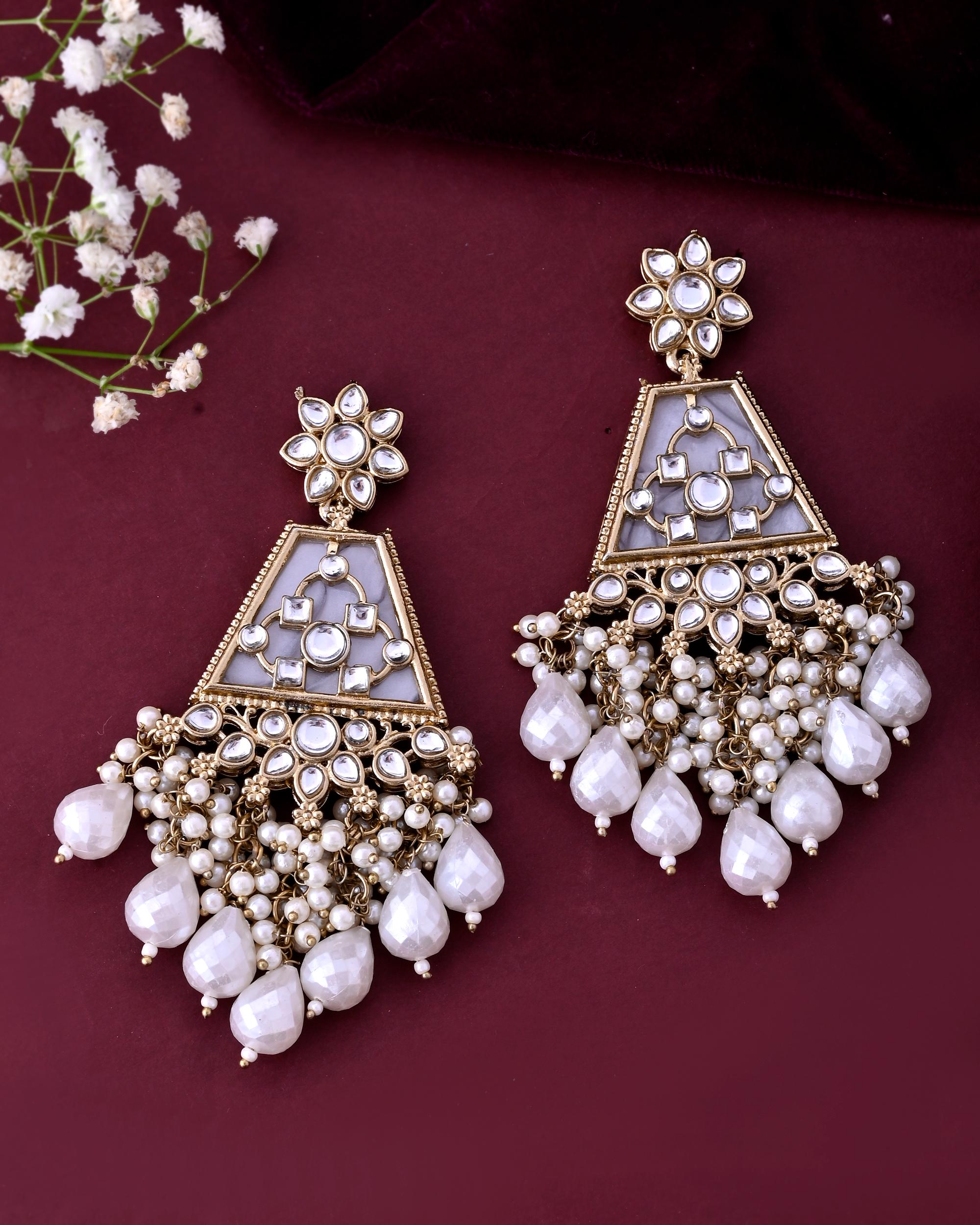 VOJ Gold-Polished Kundan Studded Contemporary Earrings | Grab2Buy