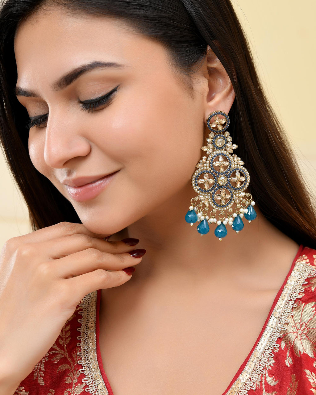 VOJ Blue Stone Studded Gold-Polished Crescent Shaped Earrings | Grab2Buy