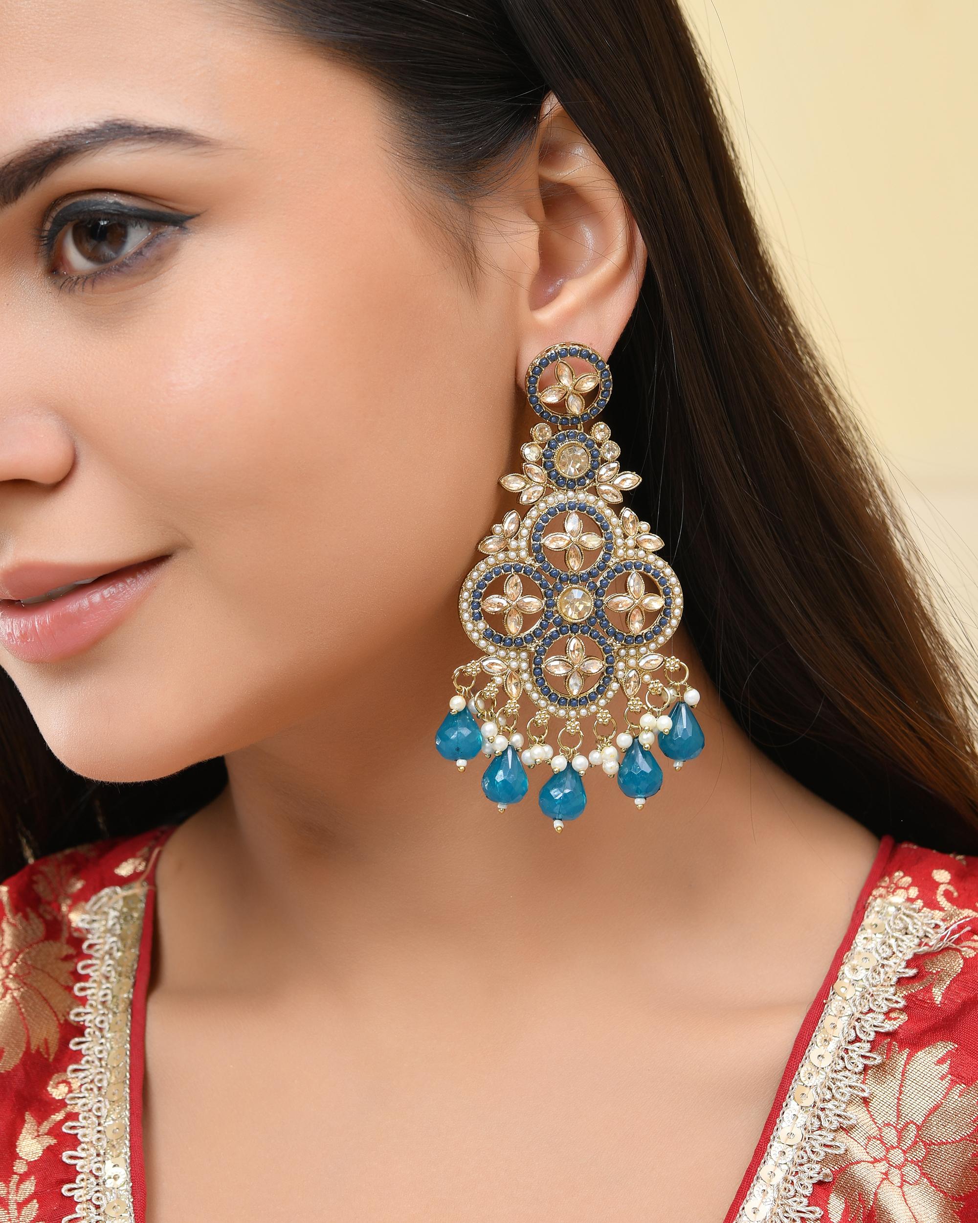 VOJ Blue Stone Studded Gold-Polished Crescent Shaped Earrings | Grab2Buy