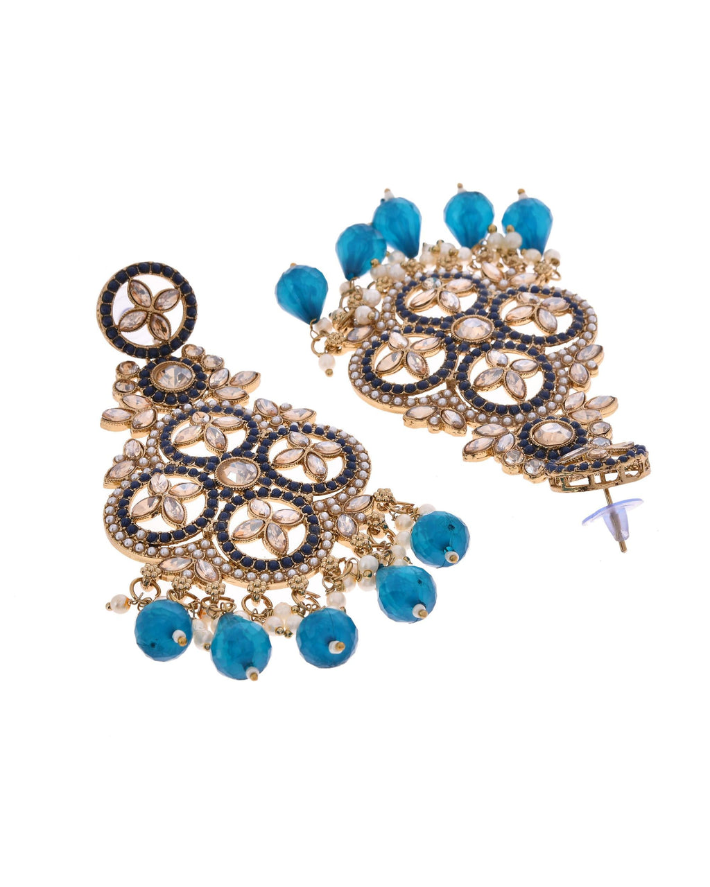 VOJ Blue Stone Studded Gold-Polished Crescent Shaped Earrings | Grab2Buy