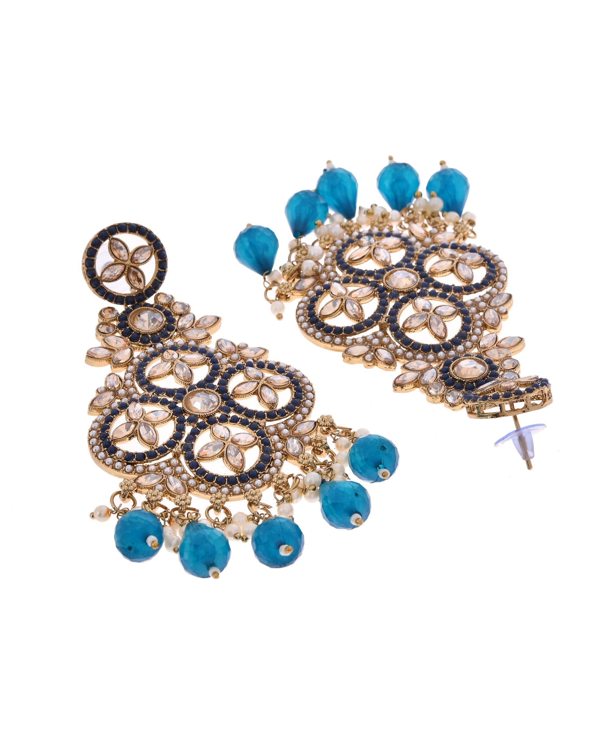 VOJ Blue Stone Studded Gold-Polished Crescent Shaped Earrings | Grab2Buy