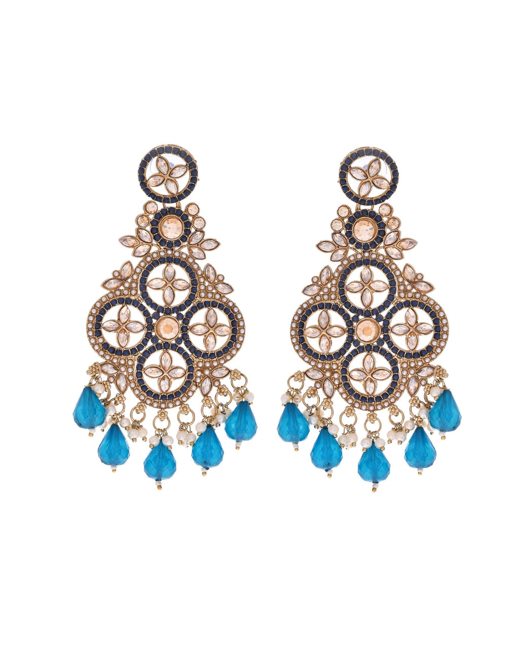 VOJ Blue Stone Studded Gold-Polished Crescent Shaped Earrings | Grab2Buy