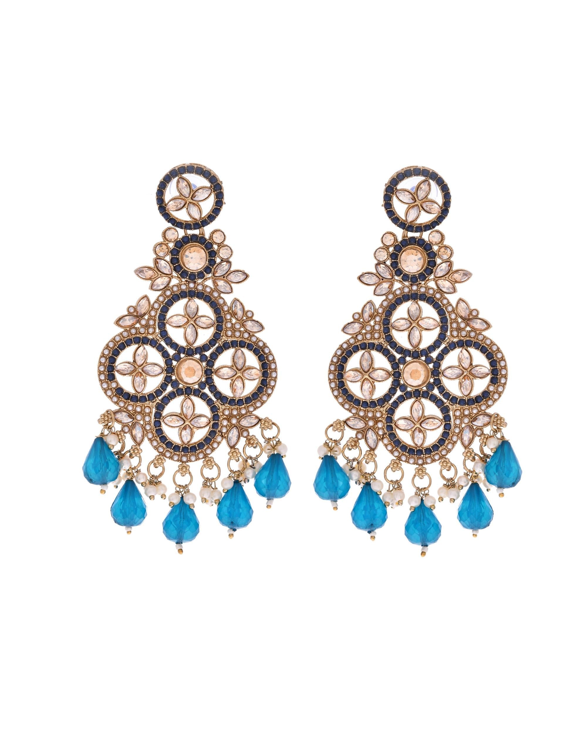 VOJ Blue Stone Studded Gold-Polished Crescent Shaped Earrings | Grab2Buy