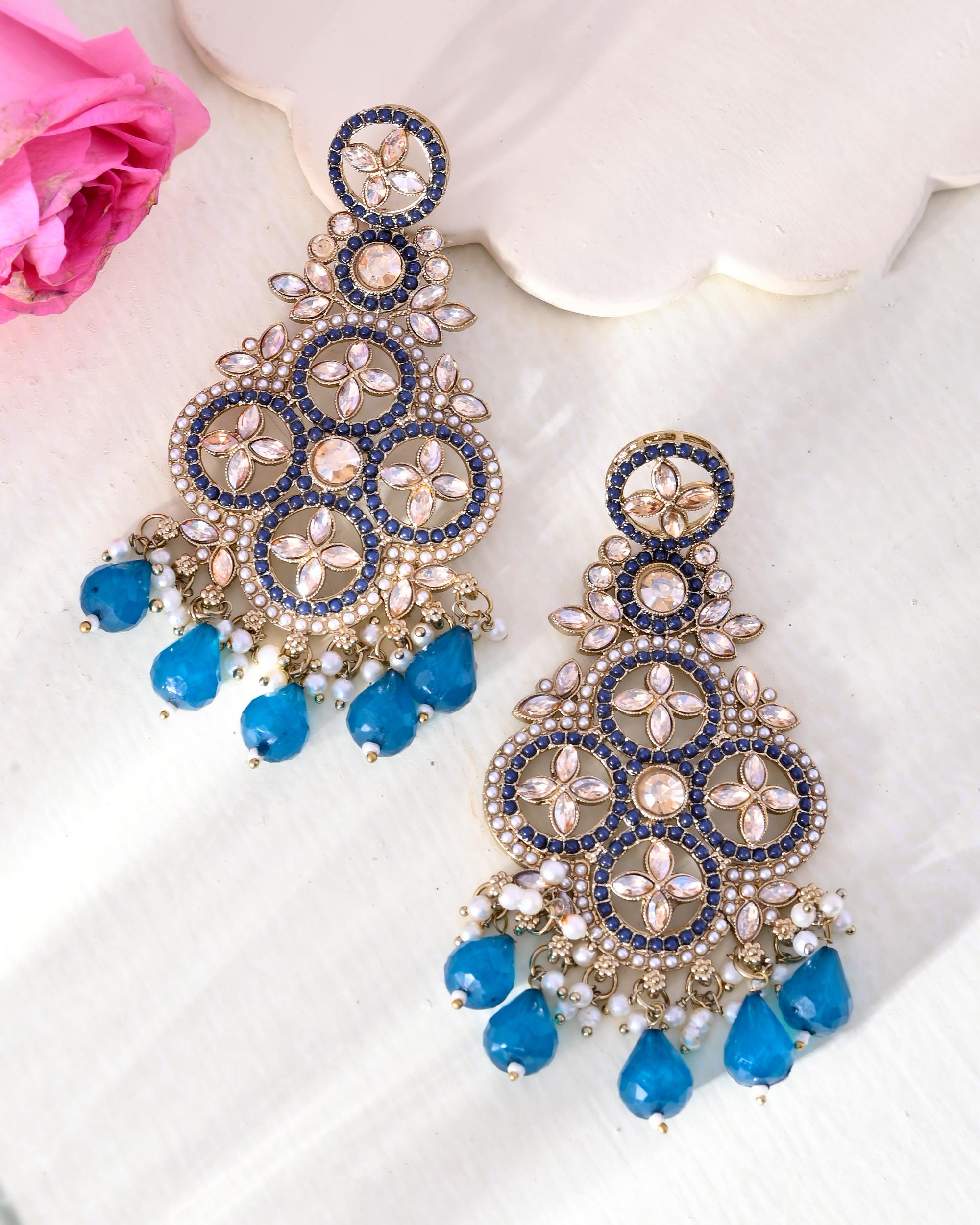 VOJ Blue Stone Studded Gold-Polished Crescent Shaped Earrings | Grab2Buy