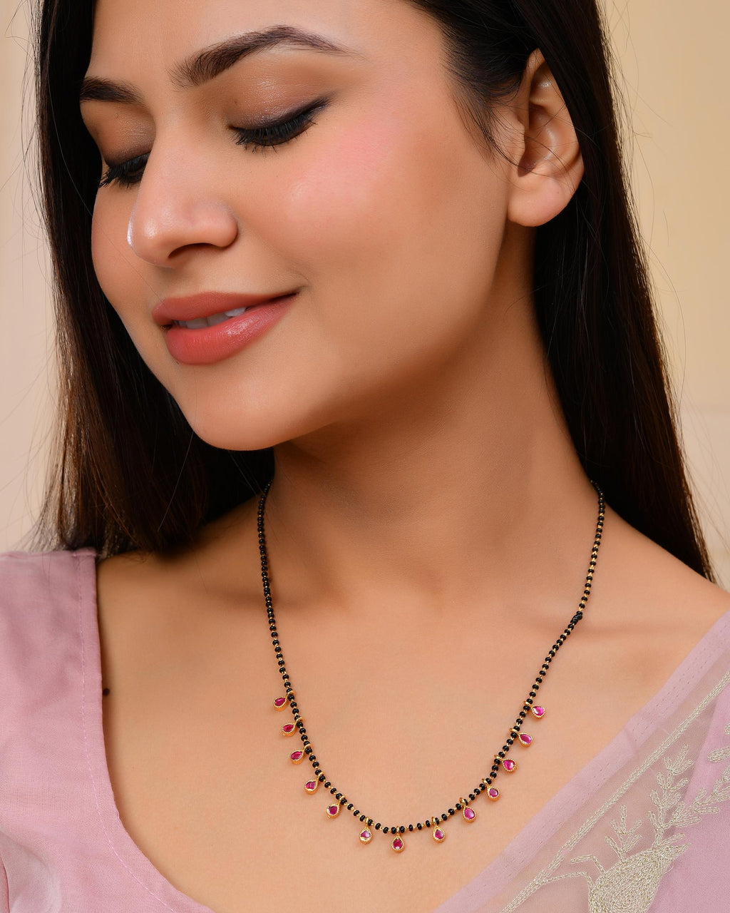 VOJ Gold-Polished Ad Studded Drop Shaped Mangalsutra