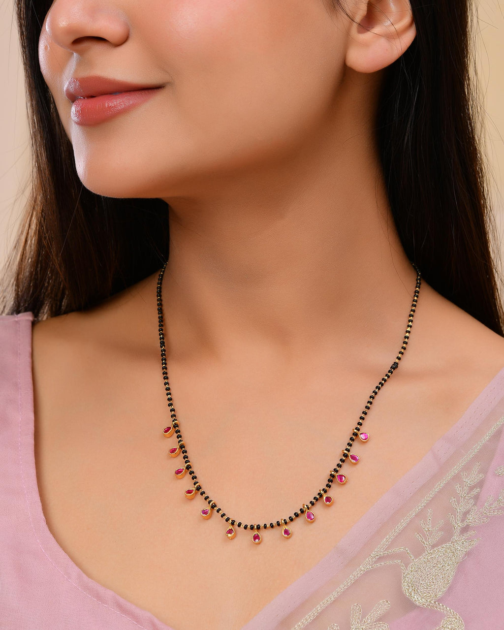 VOJ Gold-Polished Ad Studded Drop Shaped Mangalsutra