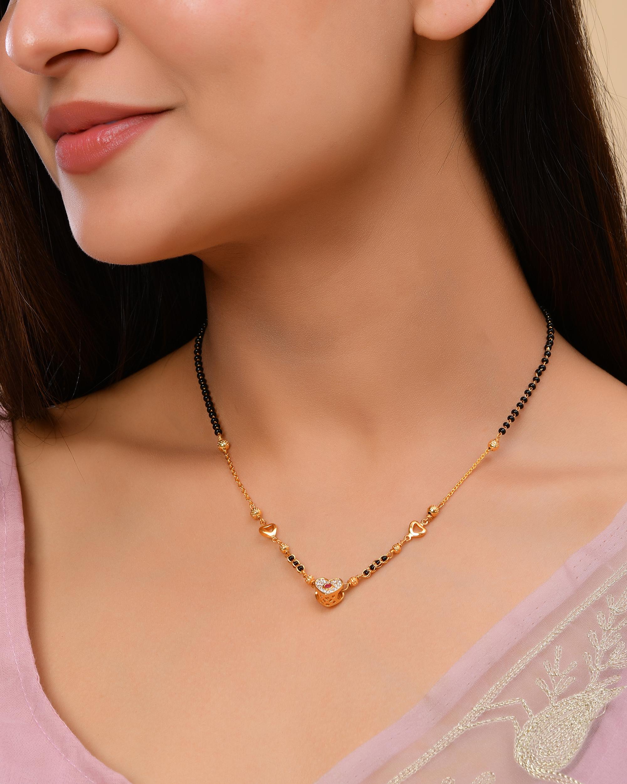 VOJ Gold-Polished Ad Studded Heart Shaped Mangalsutra