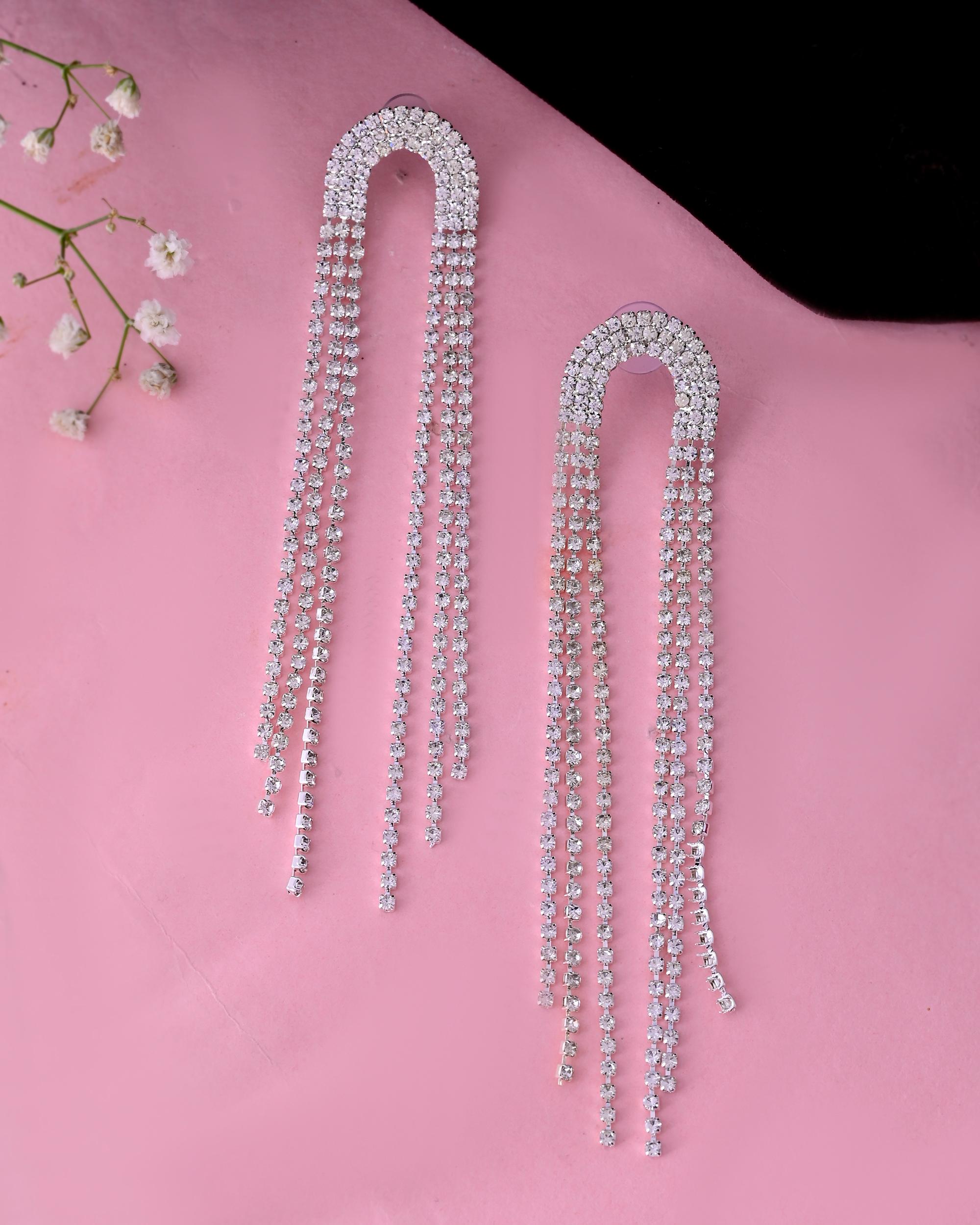 VOJ Silver-Plated Crystals Stone Studded Contemporary Drop Earrings | Grab2Buy