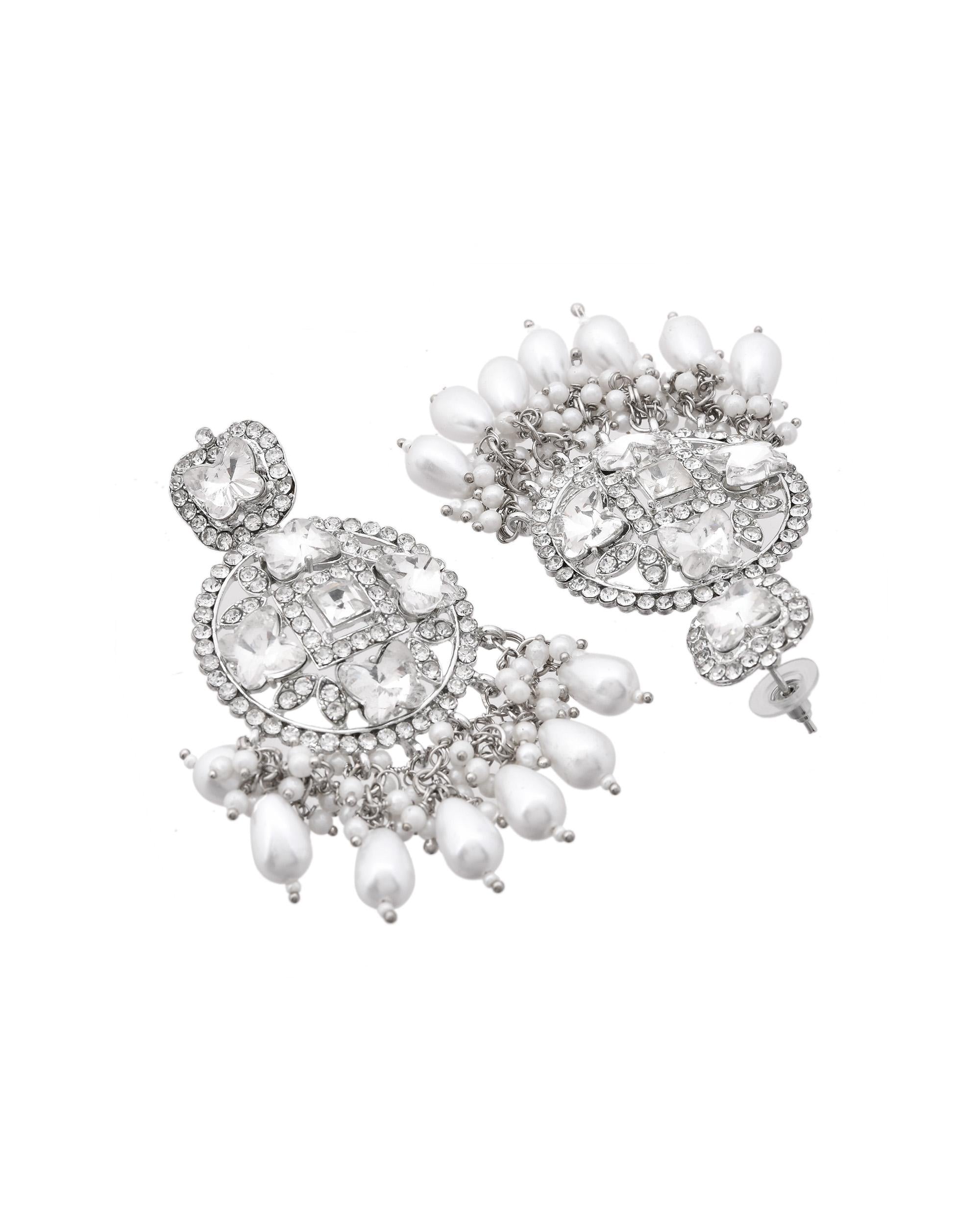 VOJ Silver Plated Stone Studded Crescent Shaped Earrings | Grab2Buy