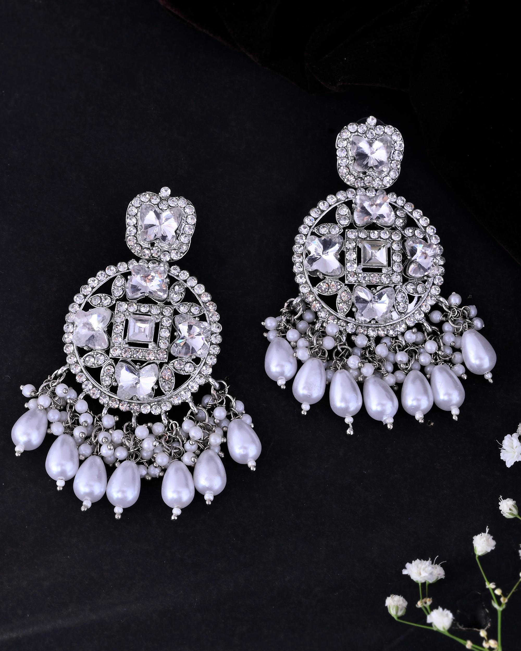 VOJ Silver Plated Stone Studded Crescent Shaped Earrings | Grab2Buy