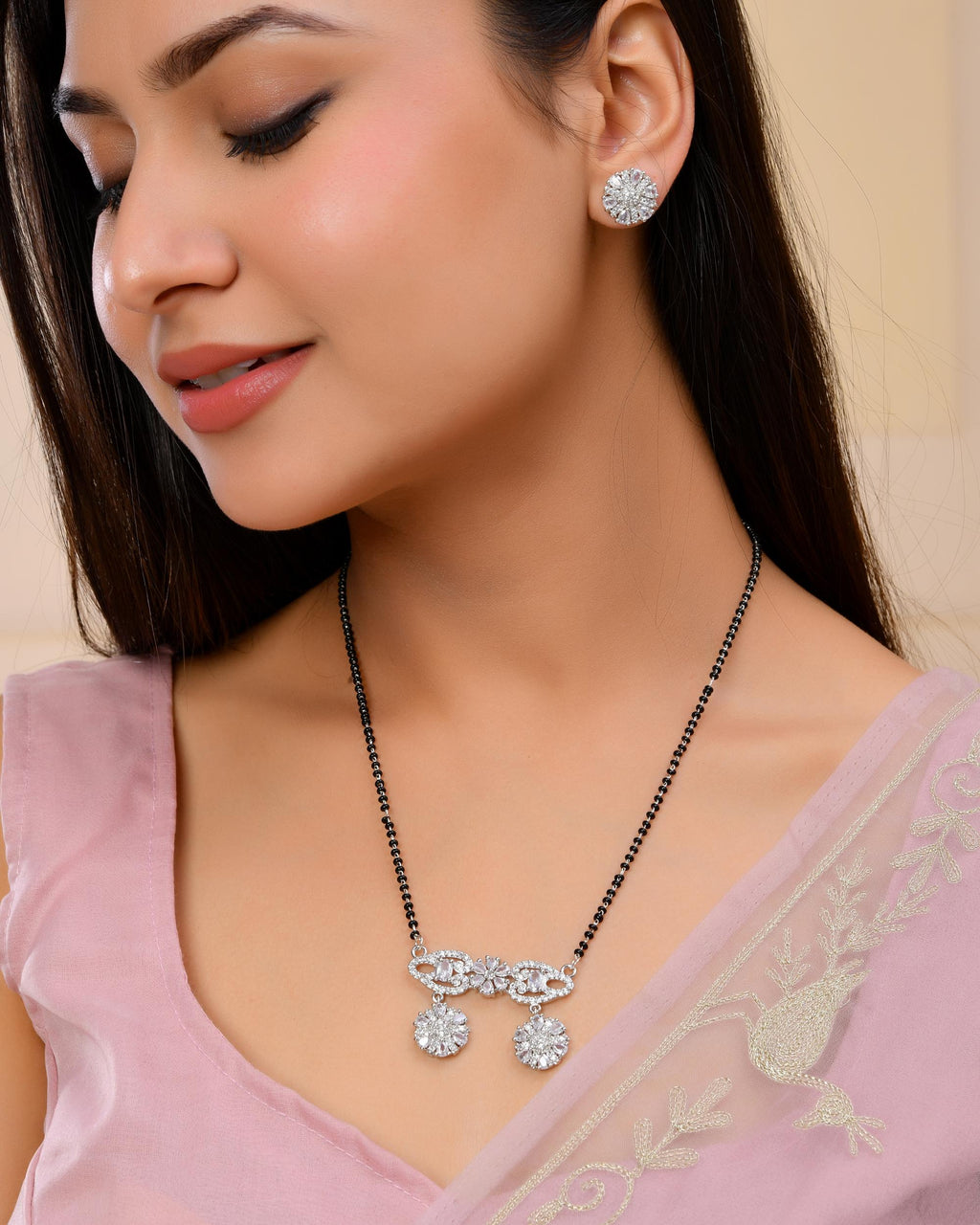 VOJ Silver Plated Ad Stone Studded Designer Mangalsutra Set