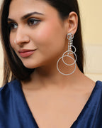 VOJ Silver Plated Ad Stone Studded Crescent Shaped Long Drop Earrings | Grab2Buy