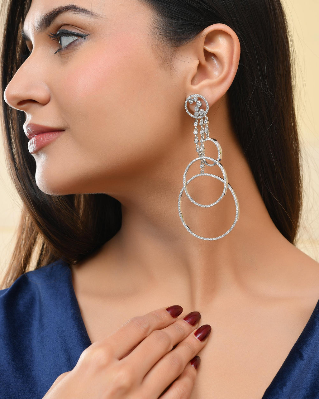 VOJ Silver Plated Ad Stone Studded Crescent Shaped Long Drop Earrings | Grab2Buy