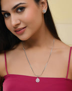VOJ Silver Plated Pink Ad-Studded Pendant With Chain And Earrings Set | Grab2Buy