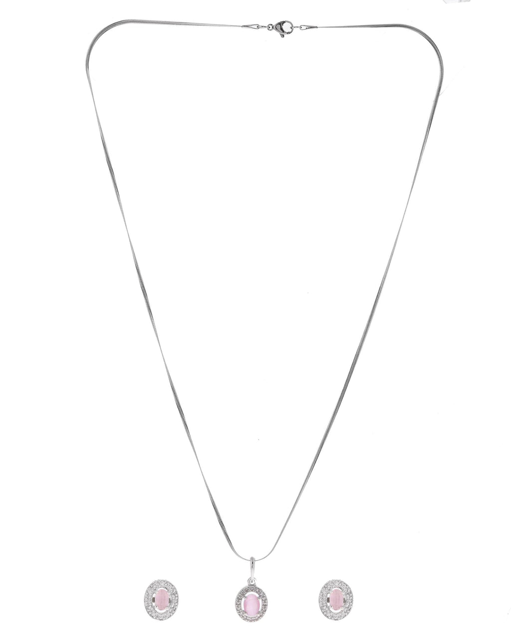 VOJ Silver Plated Pink Ad-Studded Pendant With Chain And Earrings Set | Grab2Buy