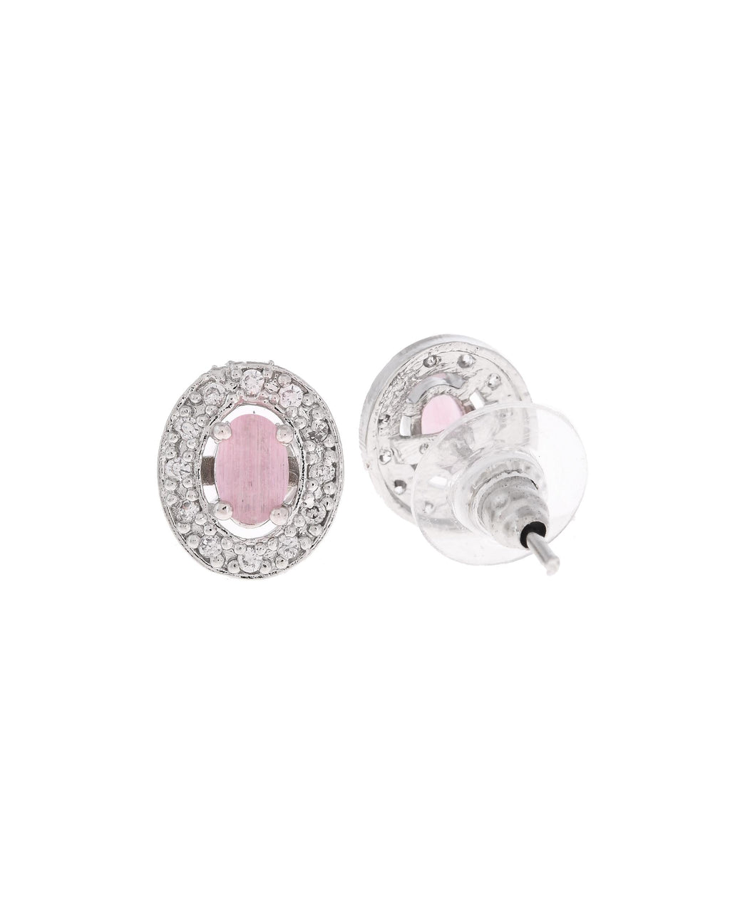 VOJ Silver Plated Pink Ad-Studded Pendant With Chain And Earrings Set | Grab2Buy