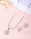 VOJ Silver Plated Pink Ad-Studded Pendant With Chain And Earrings Set | Grab2Buy