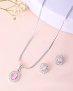 VOJ Silver Plated Pink Ad-Studded Pendant With Chain And Earrings Set | Grab2Buy