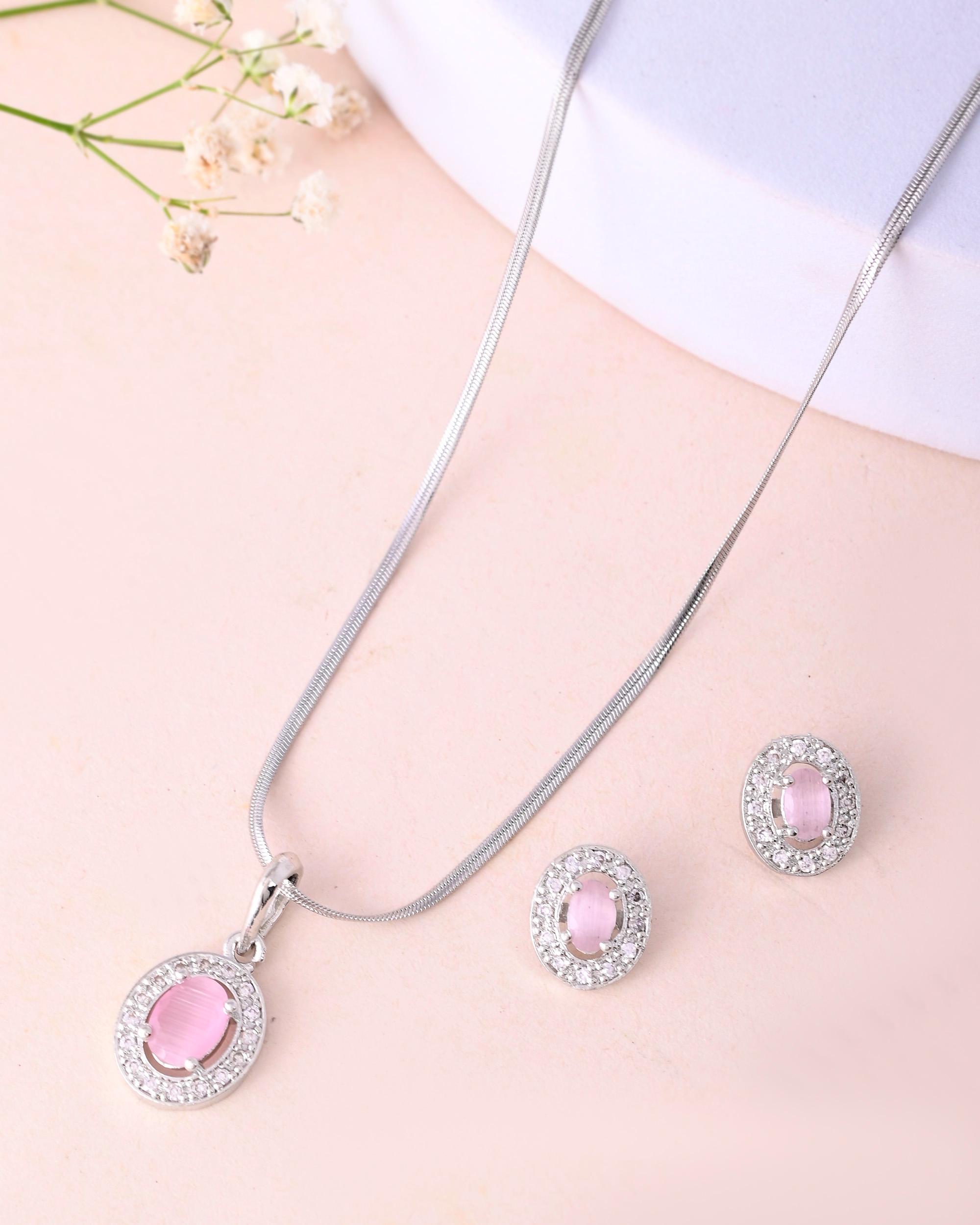 VOJ Silver Plated Pink Ad-Studded Pendant With Chain And Earrings Set | Grab2Buy