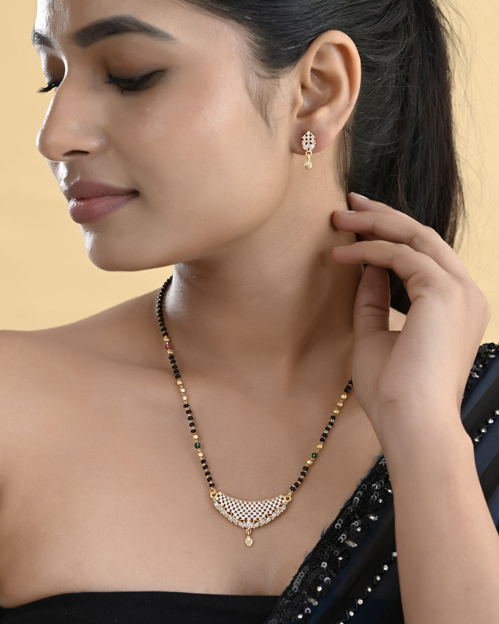 VOJ Gold-Polished AD Stone Studded MangalSutra Set