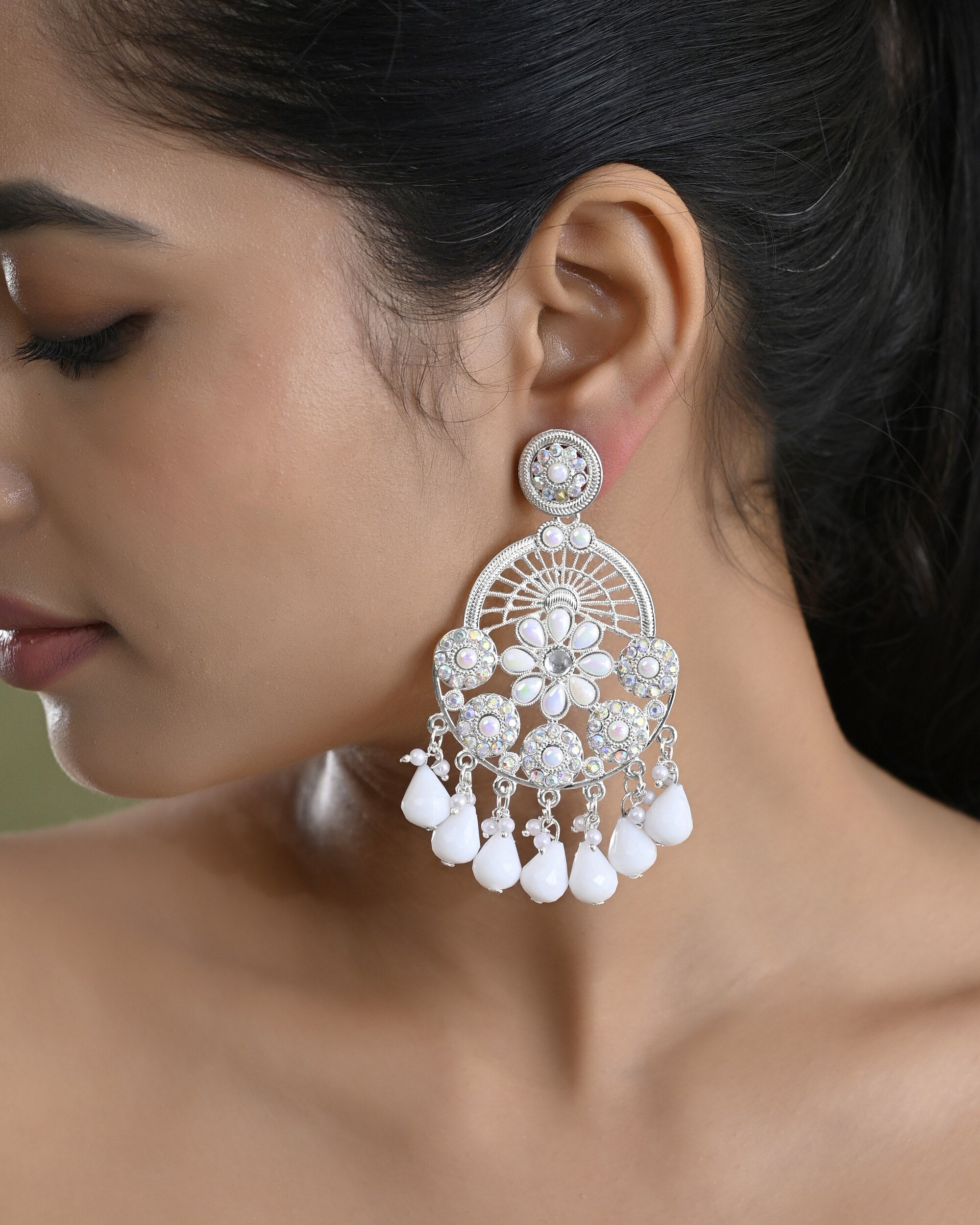 VOJ Elegent White Ethnic Chandbali Earrings With Pearl And Stone Earrings | Grab2Buy