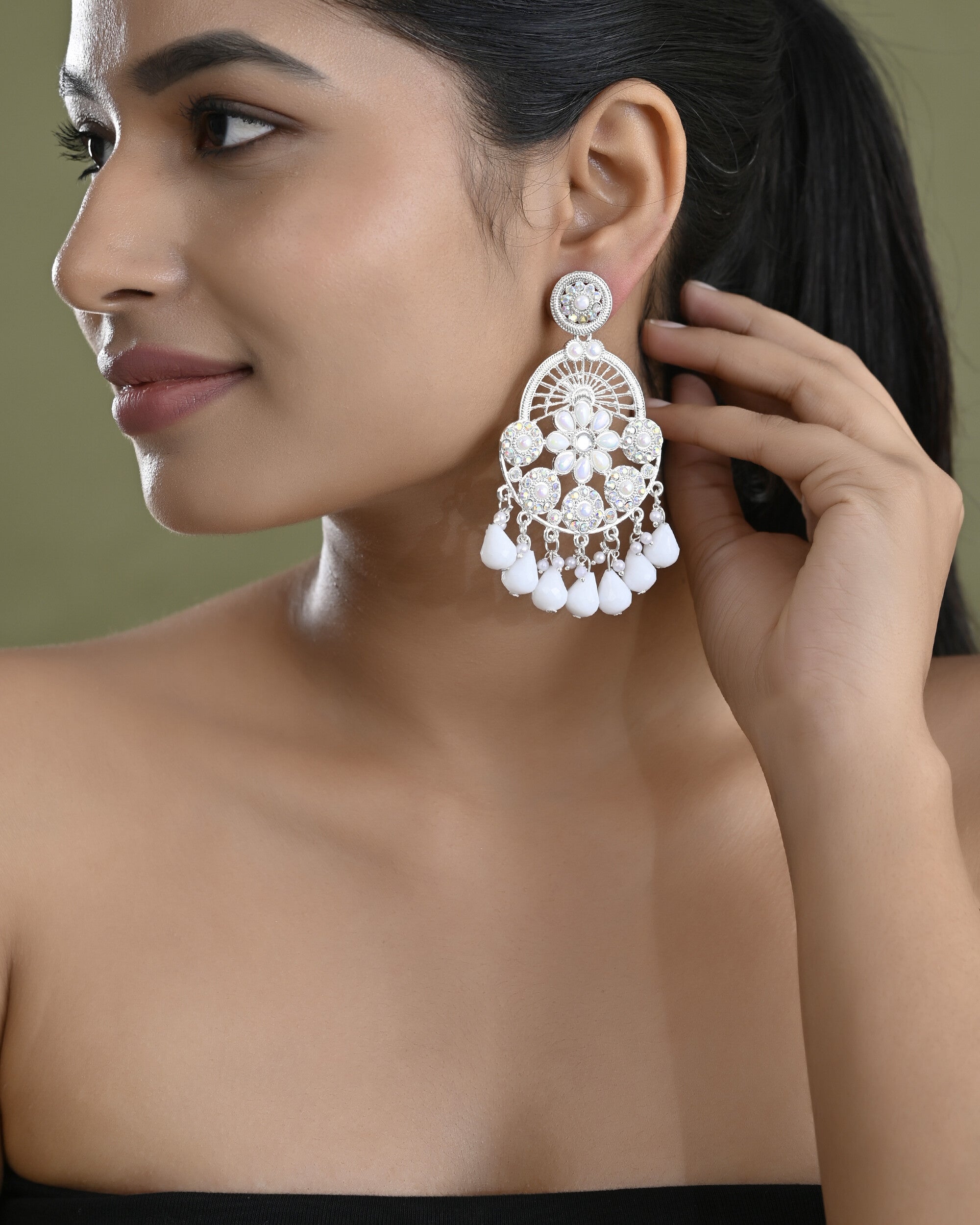 VOJ Elegent White Ethnic Chandbali Earrings With Pearl And Stone Earrings | Grab2Buy