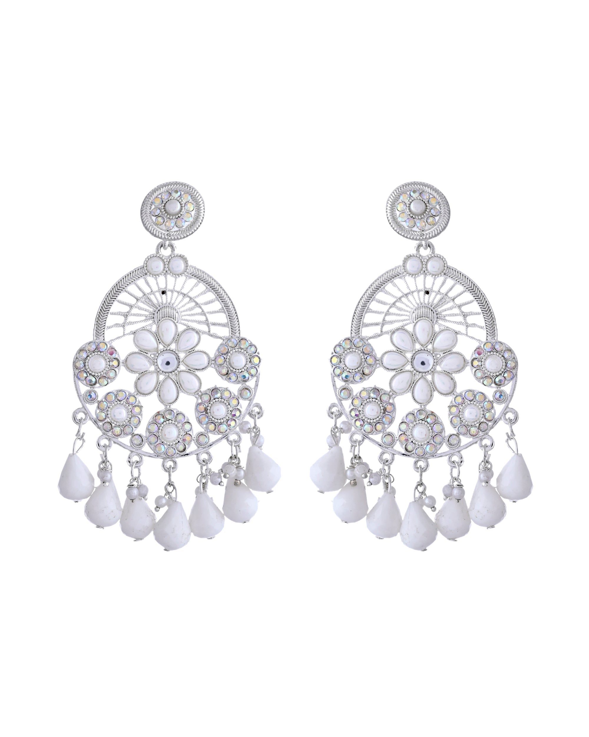 VOJ Elegent White Ethnic Chandbali Earrings With Pearl And Stone Earrings | Grab2Buy