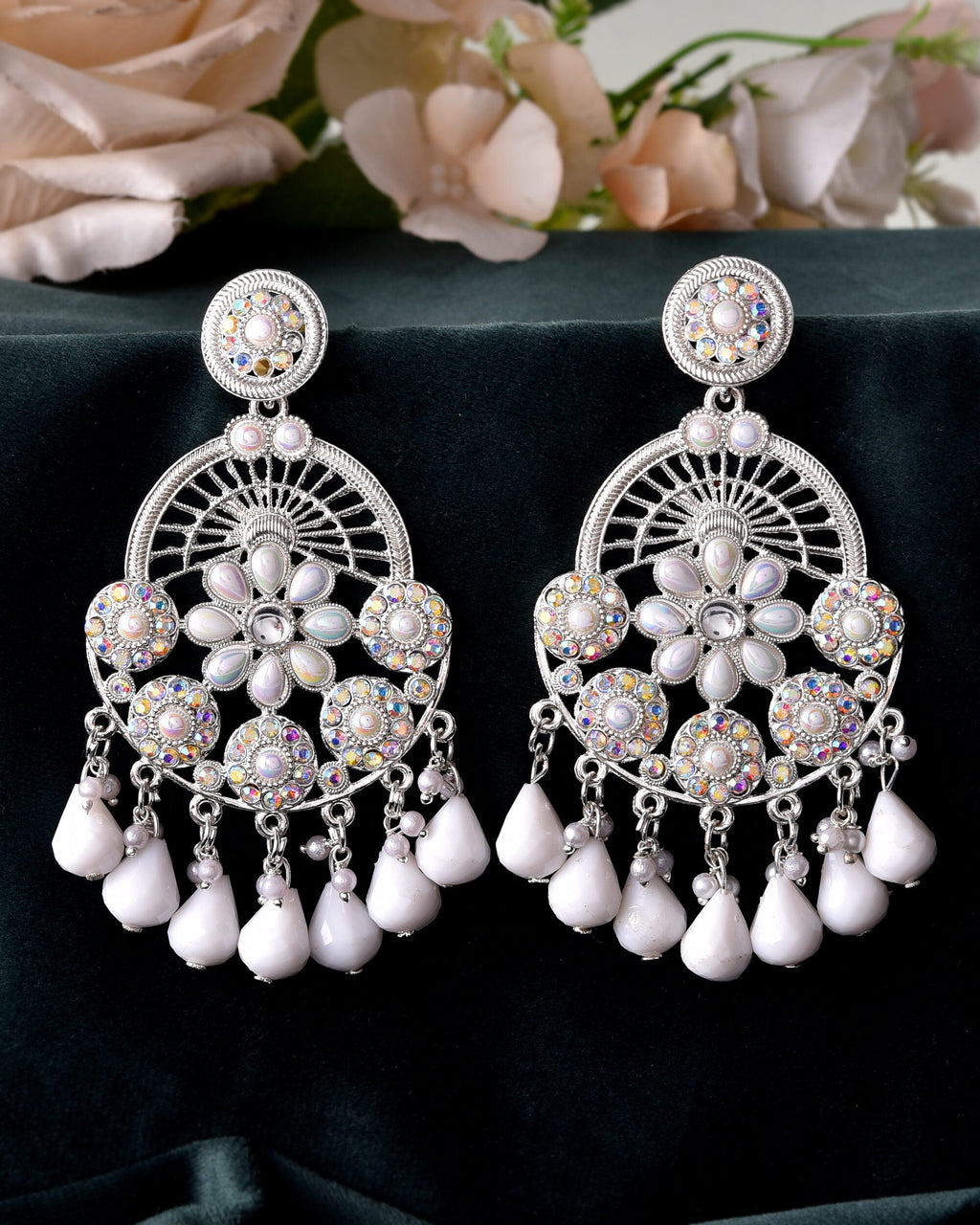 VOJ Elegent White Ethnic Chandbali Earrings With Pearl And Stone Earrings | Grab2Buy