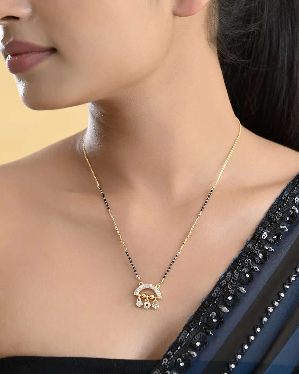 VOJ Gold-Polished AD Studded Half Done Shape Mangalsutra | Grab2Buy