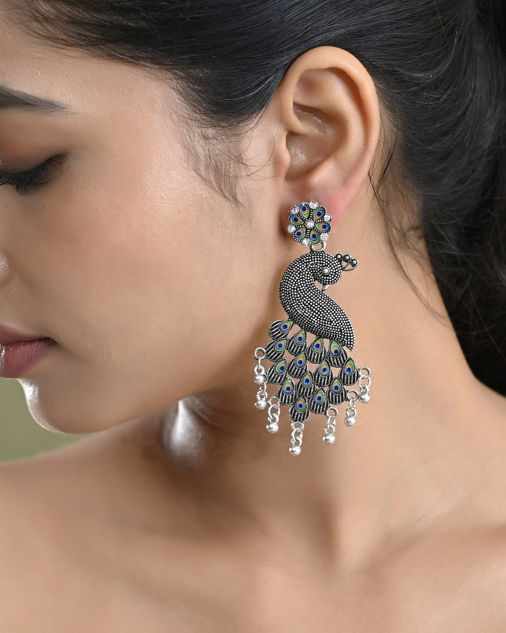 VOJ Silver Plated Oxidized Peacock Shaped Long Earrings | Grab2Buy